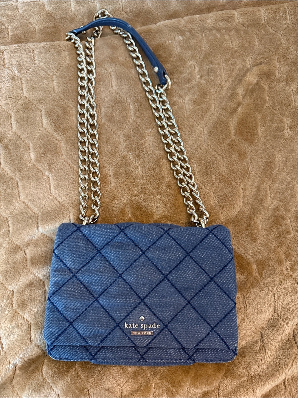 Kate Spade Quilted Navy Crossbody with Silver Chain Strap